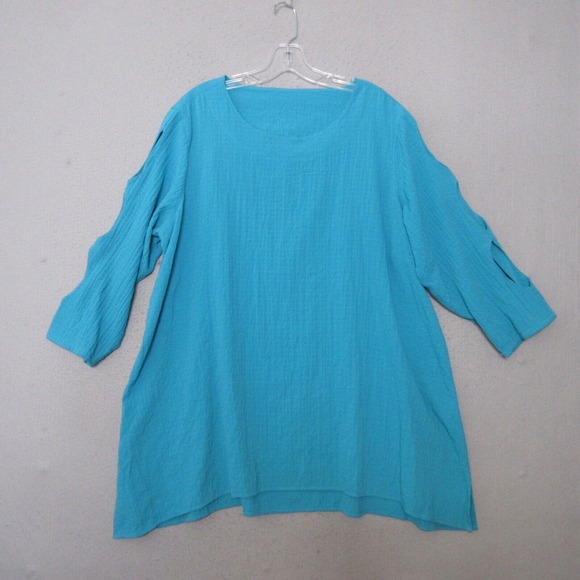 Ali‎ Miles Top Tunic Women Plus 1X Blue Crinkle Lagenlook Artsy Cut Out Beachy - Picture 1 of 10